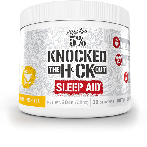 5% Nutrition Rich Piana Knocked Out Natural Sleep Aid | Post-Workout Recovery & Deep Sleep Supplement | GABA Melatonin Chamomile Tyrosine 5-HTP & More | 6.3 oz 30 Servings (Honey Lemon Tea)