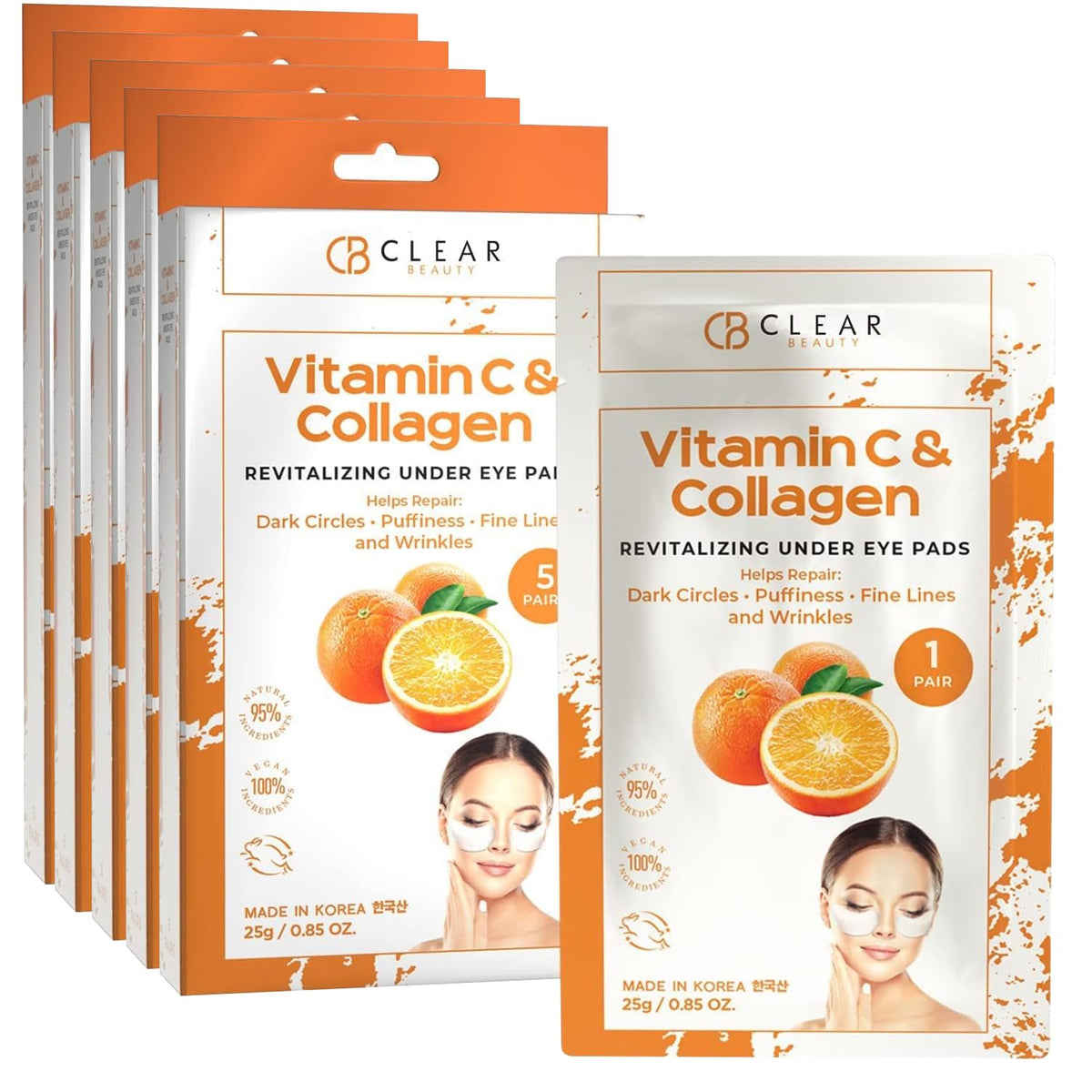 Clear Beauty Vitamin C & Collagen Under Eye Patches - Dermatologist Tested Reduces Dark Circles Anti-Aging - Clean Beauty Natural Ingredients Cruelty-Free Korean Skincare All Skin Types - 5 Pairs
