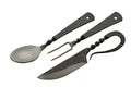 SZCO Supplies 7.25" Hand-Forged Medieval Cutlery Set – Carbon Steel Fork Knife Spoon with Leather Pouch Renaissance Costume Utensils for Camping Cosplay and Historical Display