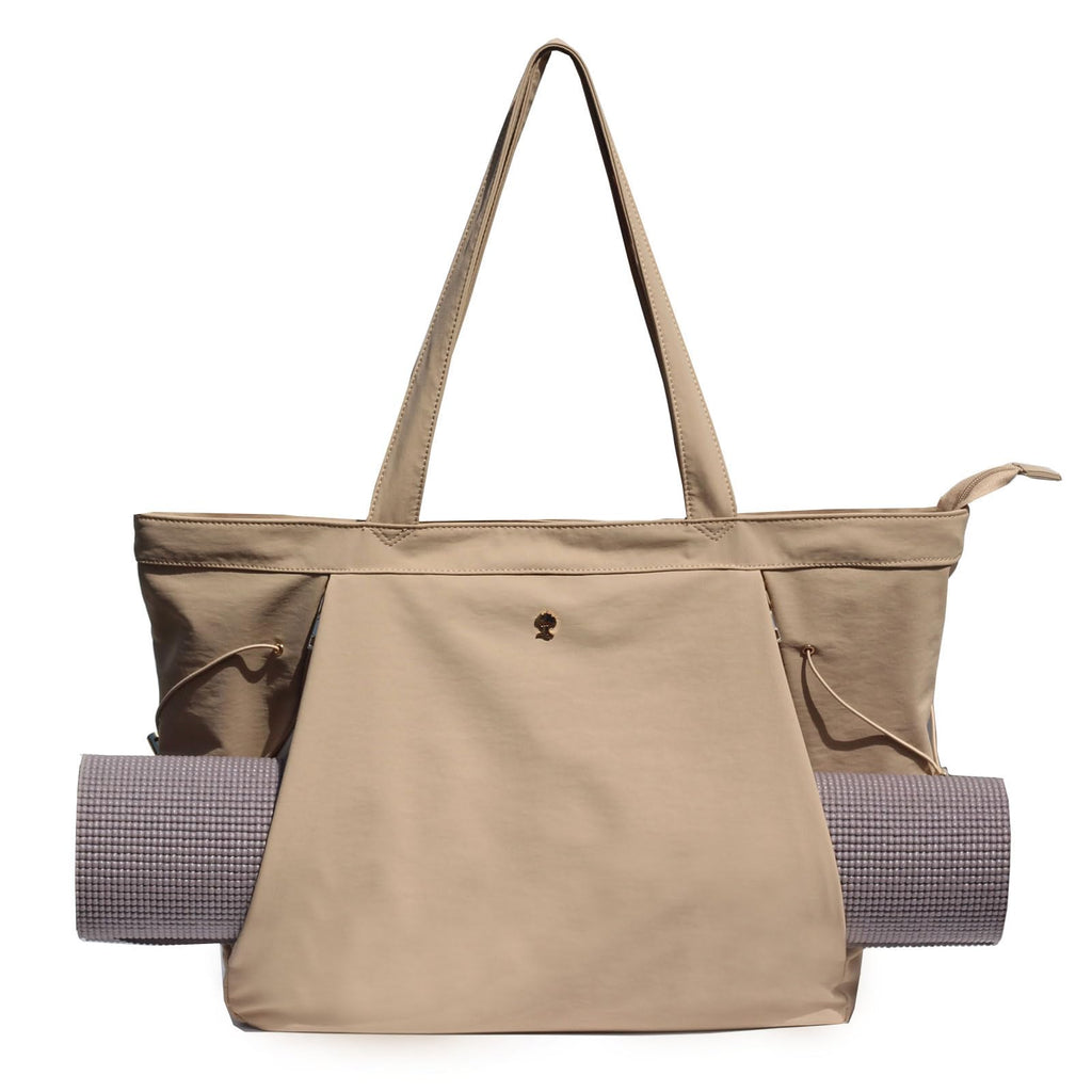 ESVAN Yoga Tote Bag for Women Shoulder Bags Drawstring for Office Workout Travel Carryall Pilates Gym and Beach (Khaki)