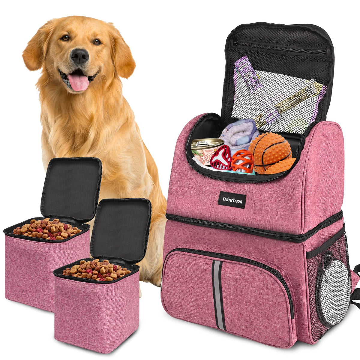 Txinrbaod Dog Travel Bag Dog Backpack For Supplies With Food Container Bag for Hiking Overnight Camping Trip Pink