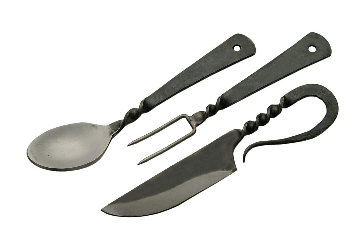 SZCO Supplies 7.25" Hand-Forged Medieval Cutlery Set – Carbon Steel Fork Knife Spoon with Leather Pouch Renaissance Costume Utensils for Camping Cosplay and Historical Display